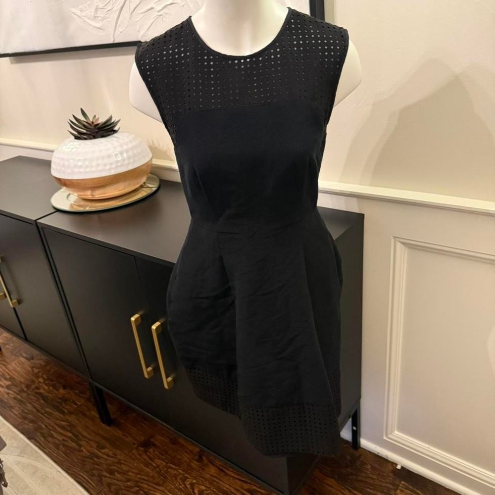 Black‎ sleeveless A-line dress with mesh detailing